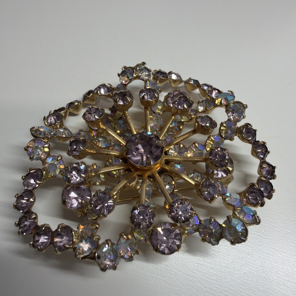 Vintage D&E Juliana Lilac Flower AB Rhinestone Verified Brooch Lavender Gold